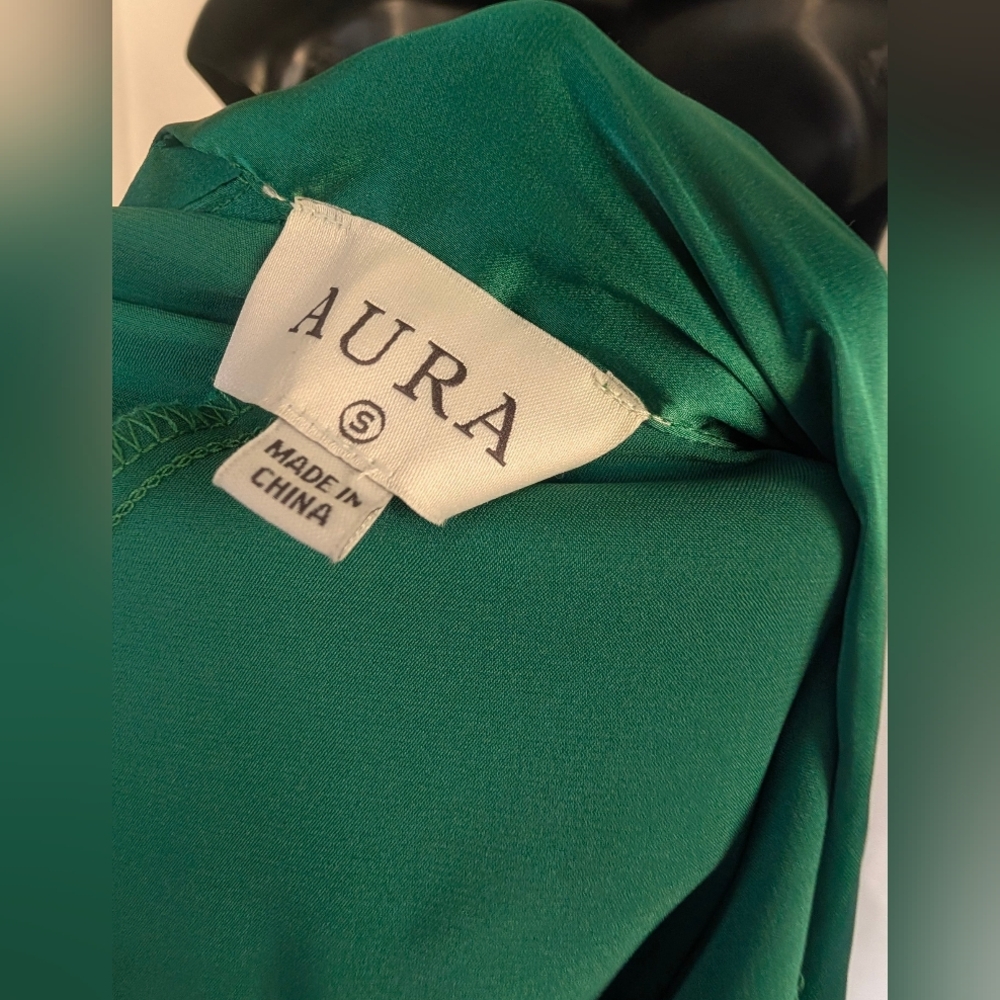 Emerald Green High Shine High tie neck Long Sleeve Flowing Aura Dress - Picture 2 of 16